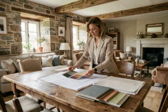 Une décoratrice d'intérieur professionnelle examine des échantillons de matériaux et des plans dans une ferme normande rénovée aux murs en pierre et aux poutres apparentes