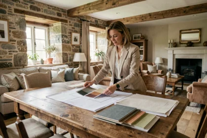 Une décoratrice d'intérieur professionnelle examine des échantillons de matériaux et des plans dans une ferme normande rénovée aux murs en pierre et aux poutres apparentes
