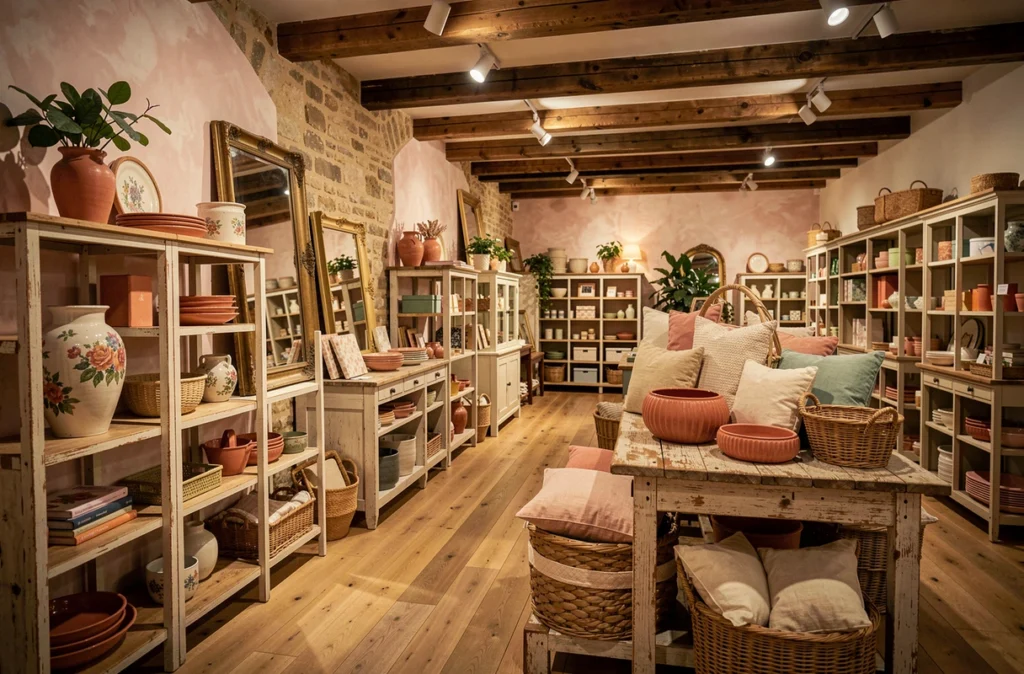 Boutique de décoration Nicole Lhotte avec objets décoratifs vintage, céramiques et textiles dans un cadre chaleureux et éclectique
