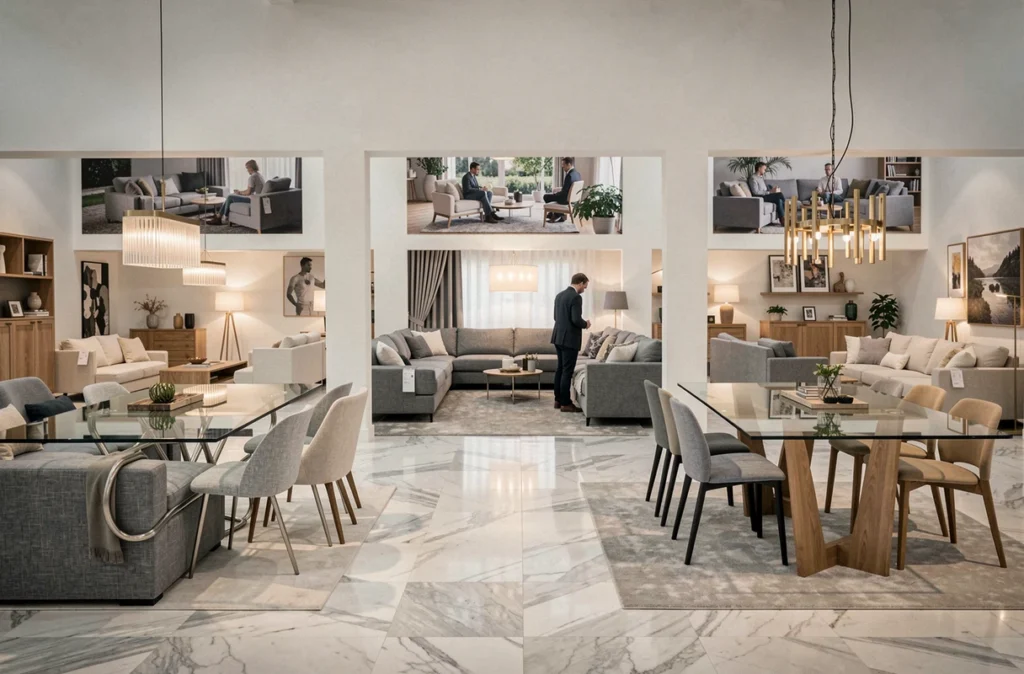 Showroom Diffusion Internationale du Meuble avec collections de mobilier européen contemporain haut de gamme disposées en espaces de vie inspirants