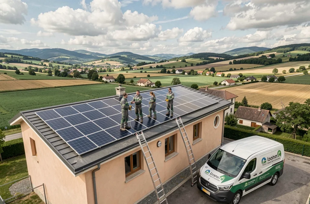 Équipe Ensol installant des panneaux solaires sur un toit en Isère avec le paysage Rhône-Alpes en arrière-plan