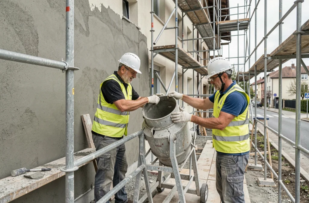 Deux ouvriers de l'Entreprise Lopes travaillant sur un ravalement d'immeuble avec échafaudage en Essonne