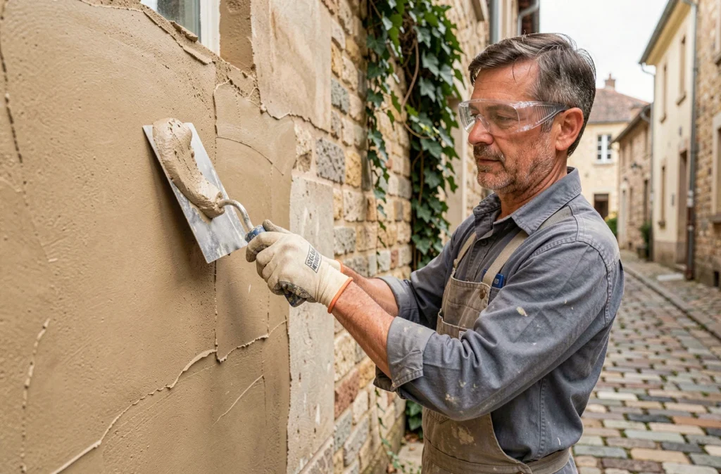 Plâtrier de l'Entreprise Mendes appliquant un enduit de finition sur la façade en pierre d'une maison ancienne en Essonne