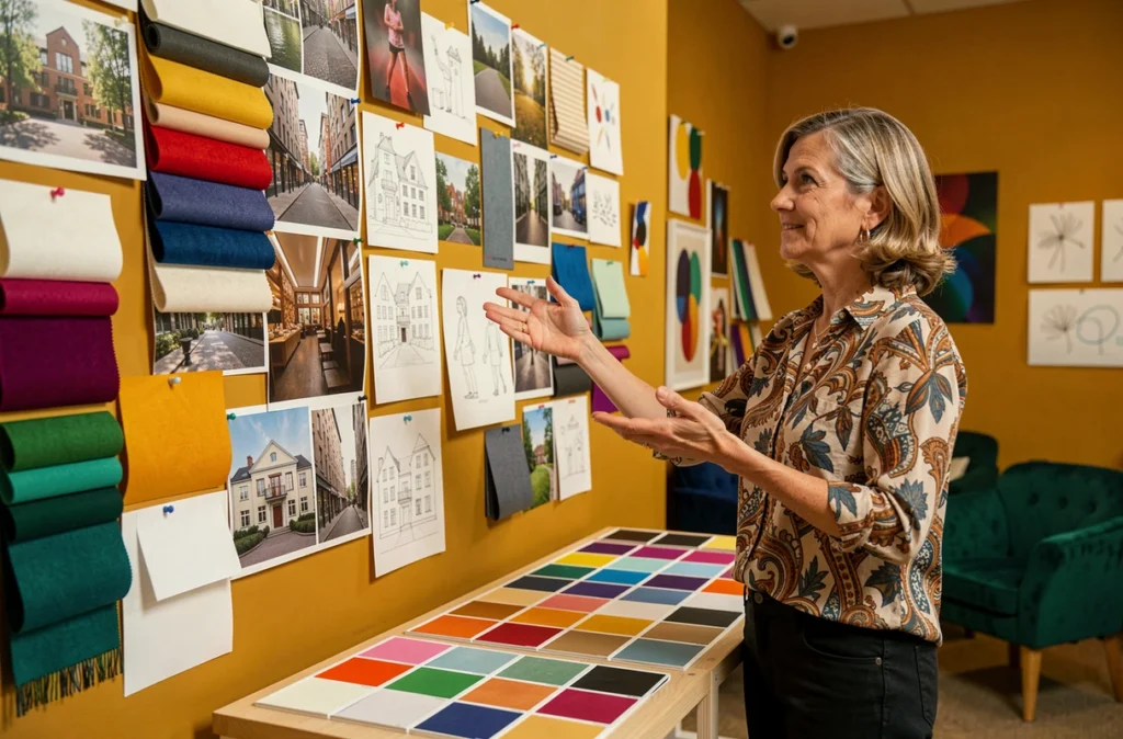 Studio créatif Formes et Couleurs avec mur de planches d'humeur colorées, échantillons de tissus et palette de teintes vives