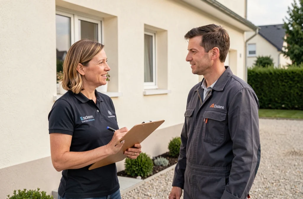 Chef de projet d'Harmonie SAS discutant d'un chantier de ravalement avec un technicien devant une façade rénovée en Essonne