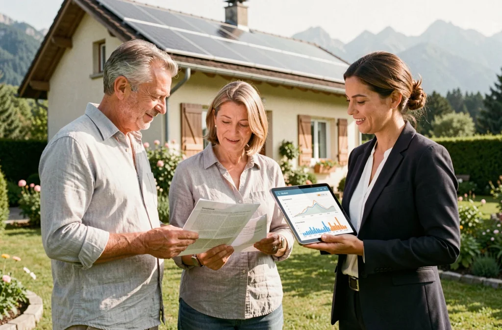 Couple de propriétaires discutant de l'offre SolaireMAX Hellio avec une conseillère en énergie solaire dans leur jardin