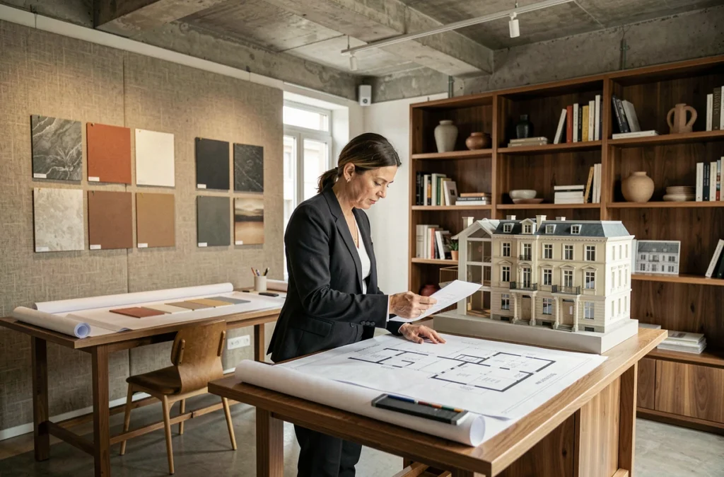 Studio d'architecture intérieure HIZAA de Hélène Zimelli avec plans et échantillons de matériaux sur une table de travail professionnelle