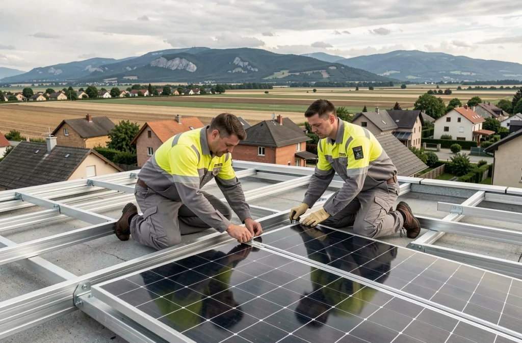 Techniciens d'ID Solaire posant des panneaux photovoltaïques sur un toit en Nord-Isère