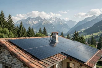 Panneaux solaires installés sur une maison en Isère avec les montagnes alpines en arrière-plan
