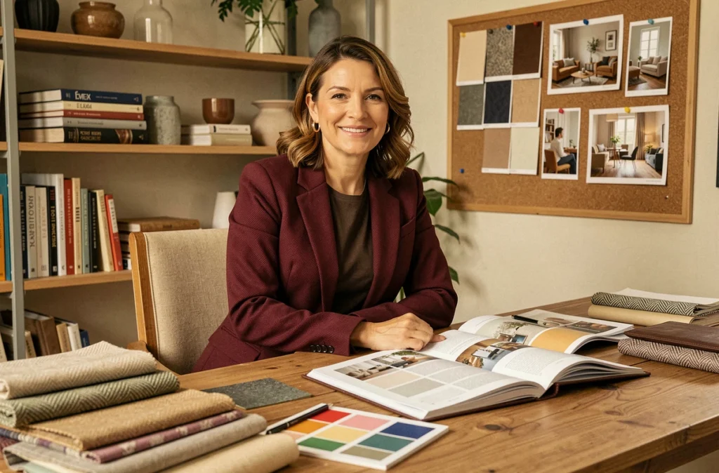 Une décoratrice d'intérieur souriante est assise à une table de consultation couverte d'échantillons de tissus et d'un portfolio de design dans son atelier à Évreux