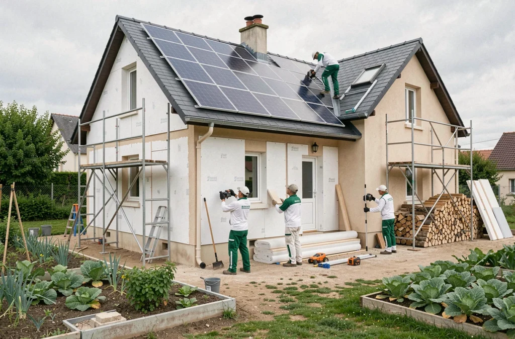 Chantier de rénovation énergétique et installation solaire Libow sur une maison en Isère avec pose d'isolation et de panneaux photovoltaïques