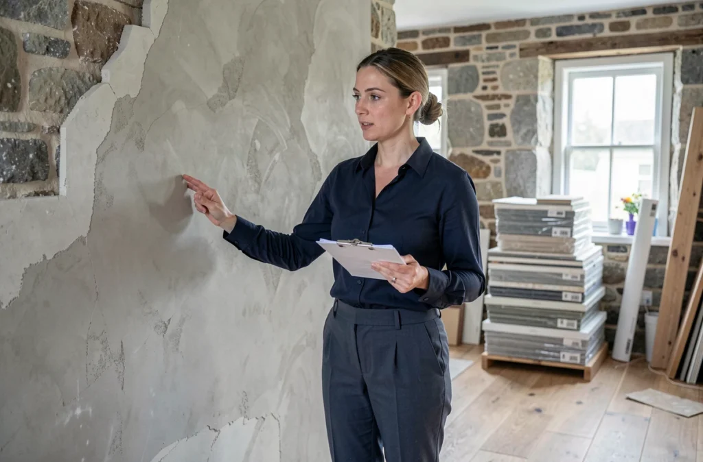 Une architecte d'intérieur spécialisée en rénovation examine les murs d'une maison normande en pierre en cours de restauration, tenant un carnet de notes