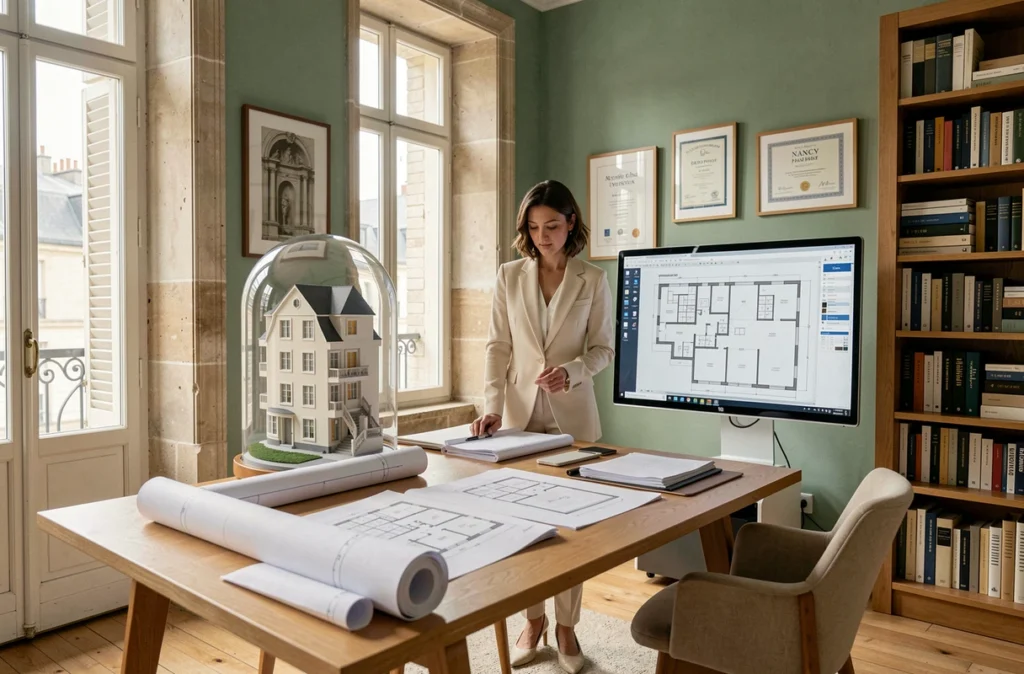 Bureau professionnel de Maud Pierrot architecte DPLG avec plans d'architecture et maquette résidentielle détaillée