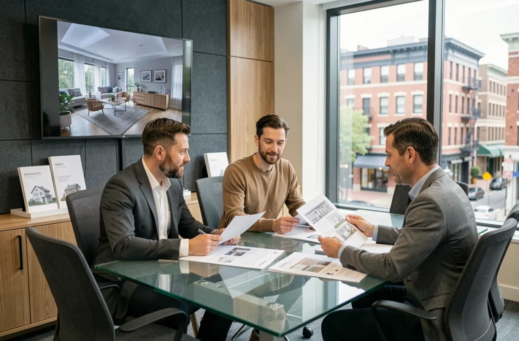 Bureau de consultation MHA avec équipe de designers intérieurs en réunion autour de plans de projets et rendu 3D d'appartement contemporain