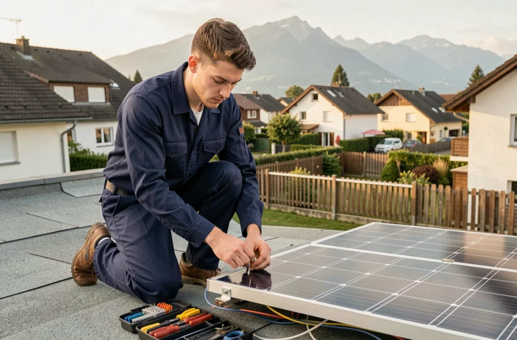 Technicien de Nouvel'R Énergie raccordant des panneaux solaires sur une maison résidentielle à Grenoble