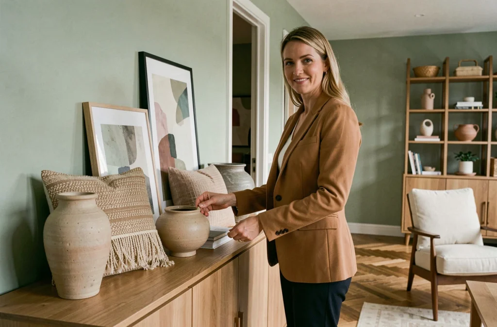 Une décoratrice d'intérieur arrange avec soin des objets décoratifs sur un meuble dans un salon rénové aux tons naturels dans la ville d'Évreux