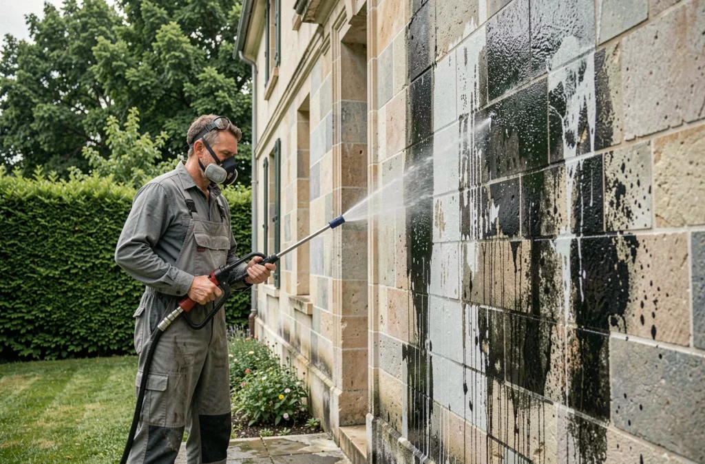 Spécialiste de Pereira Facades nettoyant au karcher une façade en pierre ancienne d'une maison de maître en Essonne