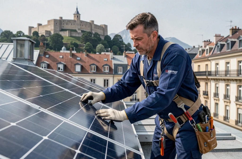 Technicien de Power Energie installant des panneaux solaires sur un toit à Grenoble avec la Bastille en arrière-plan