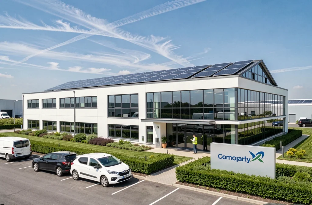 Siège d'une entreprise nationale d'installation solaire avec des panneaux photovoltaïques sur le toit et des véhicules de flotte