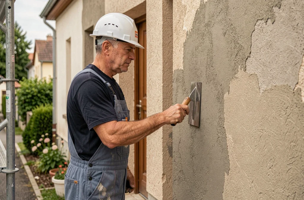 Artisan de Ribeiro Antonio appliquant un enduit texturé sur la façade d'une maison individuelle en Essonne