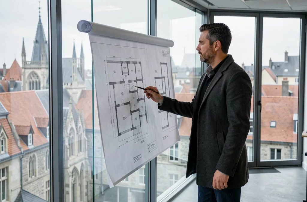 Un architecte d'intérieur examine des plans techniques devant une grande fenêtre donnant sur les toits historiques de Rouen, dans un bureau de design contemporain