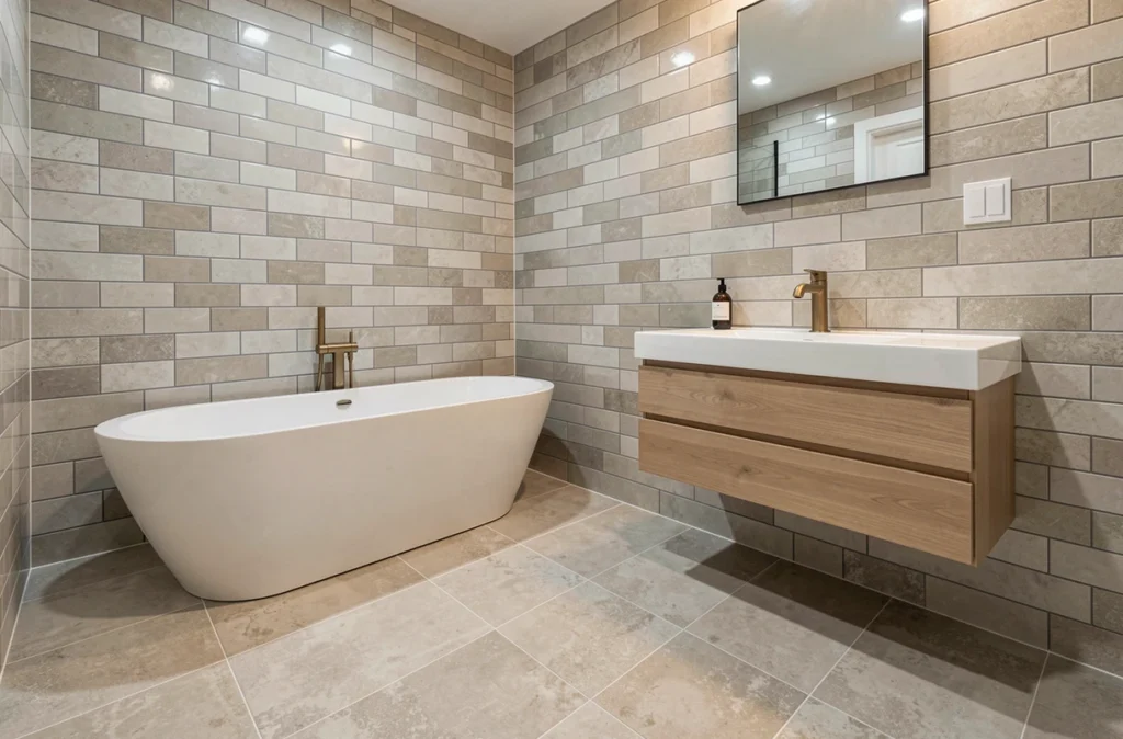Salle de bains rénovée avec carrelage en grès cérame, baignoire îlot et robinetterie laiton brossé après travaux optimisés