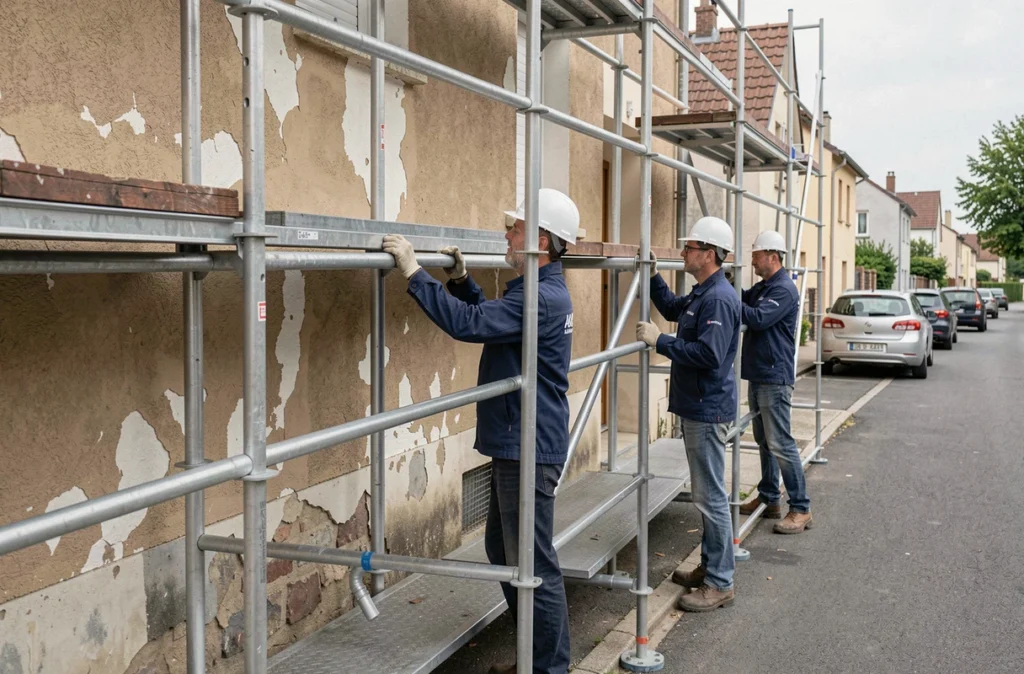 Équipe de SARL Ravalement 91 montant un échafaudage devant un bâtiment résidentiel en Essonne
