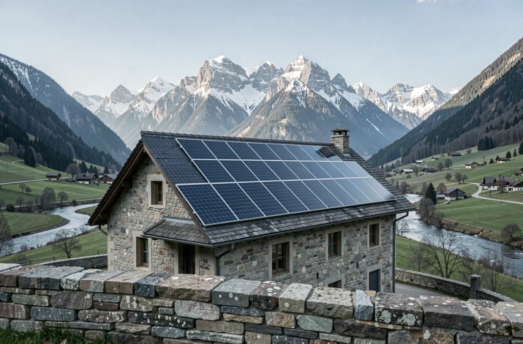 Panneaux solaires Solairegies installés sur une ferme en pierre dans la vallée du Grésivaudan avec le massif de Belledonne