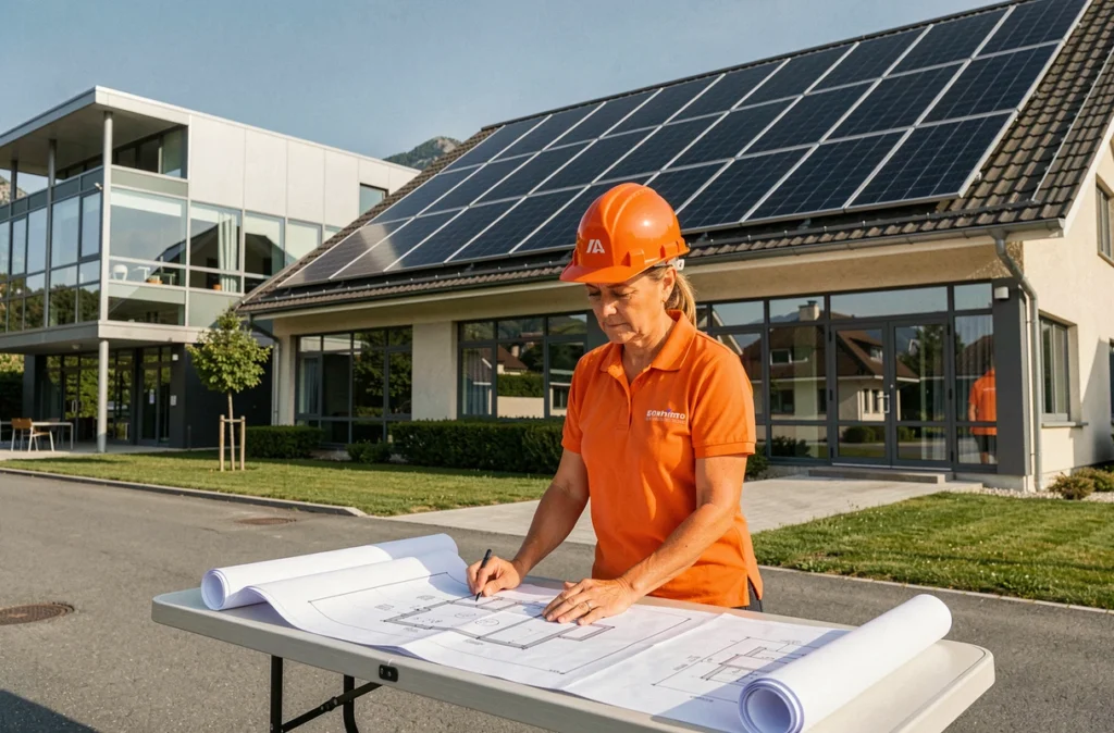 Chef de projet Terre Solaire examinant des plans d'installation photovoltaïque devant le bureau régional en Isère