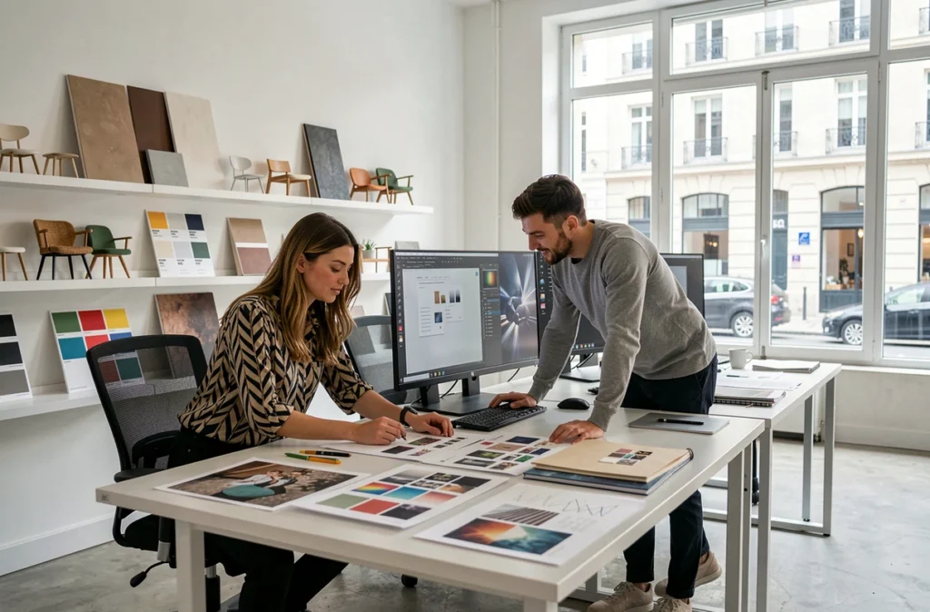 Deux designers d'une agence d'intérieur collaborent sur des planches de tendances et des écrans de conception dans un studio moderne aux murs couverts d'échantillons de matériaux