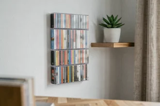 Organiseur CD plastique transparent monté au mur dans un coin bureau minimaliste avec parquet chêne clair