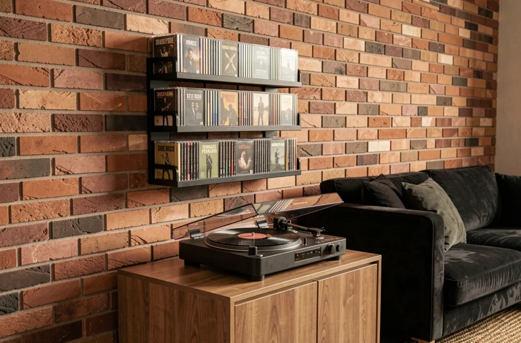 Range-CD plastique noir fixé au mur brique dans un salon vintage avec platine vinyle et canapé velours